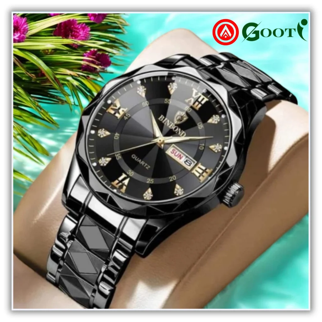 Luxury men's wristwatch with sleek black leather strap and gold accents.